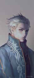 Rule 34 | 1boy, artist name, blue eyes, coat, dated, devil may cry (series), gradient background, kenny (poe90), looking at viewer, male focus, portrait, solo, vergil (devil may cry), white hair