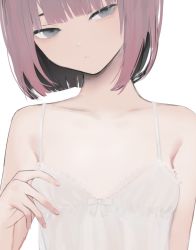 Rule 34 | 1girl, blunt bangs, bob cut, breasts, closed mouth, expressionless, fingernails, grey eyes, half-closed eyes, hand up, head tilt, lingerie, looking at viewer, medium hair, migihidari (puwako), nightgown, original, pink hair, simple background, small breasts, solo, underwear, white background