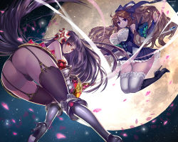 Rule 34 | 2girls, ass, bent over, black hair, breasts, brown hair, fantchi, full moon, highres, large breasts, long hair, looking at viewer, looking back, midair, moon, multiple girls, official art, petals, purple eyes, red eyes, thighs, very long hair, witch, wuushuang jiaan ji