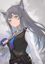Rule 34 | 1girl, animal ear fluff, animal ears, arknights, belt, breasts, grey hair, holding, holding sword, holding weapon, large breasts, long hair, looking at viewer, necktie, red eyes, simple background, smile, solo, sword, touchika, vest, weapon
