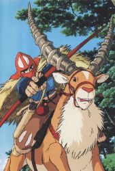 Rule 34 | 1990s (style), 1boy, @ @, aiming, aiming at viewer, animal, arrow (projectile), ashitaka, blue shirt, bow (weapon), covered mouth, day, drawing bow, elk, forest, hat, holding, holding bow (weapon), holding weapon, hood, horns, layered sleeves, long sleeves, male focus, mask, miyazaki hayao, mononoke hime, nature, outdoors, plant, quiver, retro artstyle, riding, shirt, short over long sleeves, short sleeves, solo, studio ghibli, tree, v-shaped eyebrows, weapon, yakul