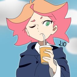 Rule 34 | 1girl, amanda o&#039;neill, cloud, drinking, green eyes, lio, little witch academia, outdoors, self-upload, sky, solo, tagme