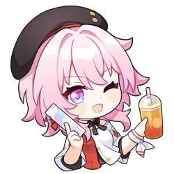 Rule 34 | 1girl, beret, black bow, black hat, blue eyes, blush, bow, check commentary, chibi, commentary request, copyright name, cropped torso, cup, detached collar, disposable cup, drink, drinking straw, hands up, hat, holding, holding drink, honkai: star rail, honkai (series), jiu fanglianhua, layered clothes, looking at viewer, march 7th (honkai: star rail), march 7th (kfc) (honkai: star rail), medium hair, one eye closed, open mouth, pink hair, purple eyes, smile, solo, two-tone eyes