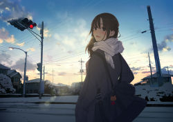 Rule 34 | 1girl, bag, bag charm, blue sky, blush, breath, brown eyes, brown hair, charm (object), city, cloud, coat, commentary request, hands in pockets, house, long sleeves, looking at viewer, looking back, morifumi, original, outdoors, power lines, scarf, shoulder bag, sky, snow, solo, standing, traffic light, utility pole, white scarf, winter