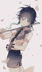 Rule 34 | 1boy, absurdres, alternate costume, blush, braid, closed mouth, fridaynightcat, genshin impact, hair between eyes, highres, holding, holding instrument, instrument, male focus, multicolored hair, music, petals, playing instrument, shirt, shorts, simple background, solo, twin braids, venti (genshin impact)