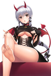 Rule 34 | 1girl, barefoot, blush, bow, breasts, brown eyes, choker, clair lasbard, commentary request, covered erect nipples, crossed legs, demon girl, demon horns, demon tail, demon wings, feet, fingernails, grey hair, hair between eyes, hair bow, horns, lambda (kusowarota), large breasts, latex, long hair, looking at viewer, nail polish, open mouth, simple background, sitting, soles, solo, star ocean, star ocean anamnesis, star ocean till the end of time, tail, toes, underboob, white background, wings