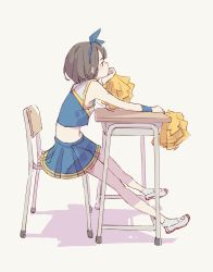 Rule 34 | 1girl, bare shoulders, blue bow, blue skirt, bow, brown background, brown hair, chair, cheerleader, closed mouth, desk, grey footwear, hair bow, head rest, highres, holding, holding pom poms, navel, original, pom pom (cheerleading), pom poms, popman3580, school chair, school desk, short hair, simple background, sitting, skirt, socks, solo, white socks, wristband