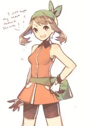 Rule 34 | !, &gt;:d, 00s, 10s, 1girl, :d, arm at side, bandana, bare arms, bare shoulders, bike shorts, blue eyes, breasts, brown hair, collared dress, creatures (company), dress, english text, fanny pack, game freak, gloves, green bandanna, hand on own hip, hip focus, legs, looking at viewer, may (pokemon), may (pokemon emerald), medium breasts, multicolored clothes, multicolored gloves, nervous, nintendo, open mouth, orange dress, pokemon, pokemon emerald, pokemon rse, short hair, simple background, skirt, sleeveless, sleeveless dress, smile, solo, standing, talking, weee (raemz), white background