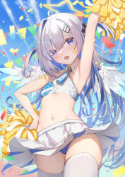 Rule 34 | 1girl, absurdres, amane kanata, angel wings, arm up, armpits, bare arms, bare shoulders, blue archive, blue hair, blue panties, blue sky, blush, breasts, cheerleader, confetti, cosplay, cowboy shot, crop top, facial mark, hair ornament, hairclip, halo, halterneck, hand on own hip, highres, holding, holding pom poms, hololive, juu p, long hair, looking at viewer, millennium cheerleader outfit (blue archive), miniskirt, multicolored hair, name tag, navel, open mouth, panties, pink hair, pleated skirt, pom pom (cheerleading), pom poms, purple eyes, skirt, sky, small breasts, star (symbol), star facial mark, star halo, stomach, streaked hair, sweat, thighhighs, thighs, two side up, underwear, virtual youtuber, white hair, white skirt, white thighhighs, white wings, wings