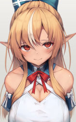 Rule 34 | 1girl, absurdres, bare shoulders, blonde hair, blush, bow, bowtie, breasts, cleavage, closed mouth, dark-skinned female, dark skin, elf, hair between eyes, highres, hololive, inre kemomimi, large breasts, long hair, looking at viewer, multicolored hair, pointy ears, red bow, red bowtie, red eyes, shiranui flare, shiranui flare (1st costume), shirt, simple background, smile, solo, streaked hair, upper body, virtual youtuber, white hair, white shirt