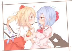 Rule 34 | 2girls, arm grab, ascot, bat wings, black wings, blonde hair, blue hair, blush, brooch, commentary request, crystal, flandre scarlet, food, from side, heart, jewelry, long sleeves, multiple girls, pink shirt, pocky, pocky kiss, pointy ears, puffy sleeves, red ascot, red eyes, red skirt, red vest, remilia scarlet, sakurea, shared food, shirt, siblings, sisters, skirt, skirt set, touhou, upper body, vest, white shirt, wings, yellow ascot
