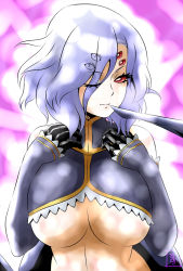 Rule 34 | 10s, 1girl, arachne, arthropod girl, breasts, carapace, claws, detached sleeves, extra eyes, eyes visible through hair, hands on own chest, insect girl, large breasts, light purple hair, monster girl, monster musume no iru nichijou, one eye closed, rachnera arachnera, red eyes, s-now, short hair, signature, solo, spider girl, taur, underboob, upper body
