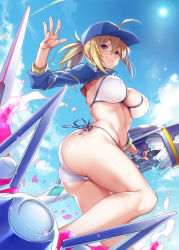 Rule 34 | 1girl, ahoge, artoria pendragon (fate), ass, baseball cap, bikini, blonde hair, blue eyes, blue hat, blue sky, blush, breasts, cleavage, closed mouth, cloud, commentary request, day, fate/grand order, fate (series), from below, hair between eyes, hair through headwear, hand up, hat, highres, holding, holding weapon, jacket, kodama yuu, large breasts, long hair, looking at viewer, mysterious heroine x (fate), mysterious heroine xx (fate), navel, outdoors, ponytail, shrug (clothing), side-tie bikini bottom, sidelocks, sky, solo, sun, swimsuit, thigh strap, twinmyniad (fate), twisted torso, weapon, white bikini