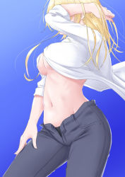 Rule 34 | 1girl, black panties, blonde hair, blue background, breasts, center opening, commentary request, covered face, cowboy shot, denim, gradient background, groin, hand in own hair, hand on own thigh, highres, jeans, large breasts, midriff, navel, niwatazumi, open clothes, open fly, open shirt, original, panties, pants, shirt, sleeves rolled up, solo, underboob, underwear, white shirt, wind, wind lift