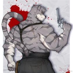Rule 34 | 1boy, animal ears, ass, bara, from behind, furry, furry male, grey fur, gun, holding, holding gun, holding weapon, looking at viewer, male focus, mature male, muscular, muscular male, original, seductive smile, short hair, smile, solo, tail, thick eyebrows, tiger boy, tiger ears, tiger tail, weapon, weisun (leoooliooon), white fur