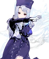 Rule 34 | 1girl, closed mouth, cofffee, dress, fate/stay night, fate (series), gloves, hat, illyasviel von einzbern, long hair, long sleeves, looking at viewer, magic circle, red eyes, redrawn, scarf, smile, snowing, solo, white hair