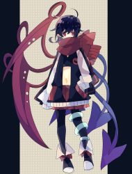 Rule 34 | 1girl, ahoge, alternate costume, asymmetrical wings, black footwear, black hair, black jacket, black shirt, blue wings, bow, casual, commentary, contemporary, covered mouth, crop top, footwear bow, full body, hand in pocket, highres, houjuu nue, jacket, long sleeves, looking at viewer, miniskirt, multicolored clothes, multicolored jacket, navel, nikorashi-ka, one-hour drawing challenge, open clothes, open jacket, pointy ears, red bow, red eyes, red jacket, red scarf, red skirt, red wings, scarf, shirt, shoes, short hair, skirt, sleeves past fingers, sleeves past wrists, solo, touhou, white jacket, wings