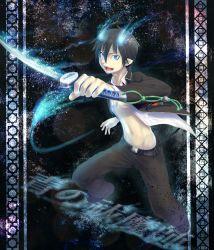 Rule 34 | 1boy, ao no exorcist, black hair, blue eyes, fire, fire, flame-tipped tail, flaming sword, flaming weapon, male focus, md5 mismatch, mossari poteto, okumura rin, open clothes, open mouth, open shirt, pointy ears, school uniform, shirt, short hair, smile, solo, sword, tail, weapon