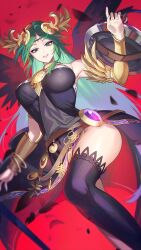 1girl absurdres between_breasts black_dress black_thighhighs bracelet breasts covered_navel dress green_eyes green_hair highres jewelry kid_icarus kid_icarus_uprising large_breasts long_hair nintendo official_alternate_color palutena red_background shield signature staff strapless strapless_dress super_smash_bros. thighhighs yasaikakiage