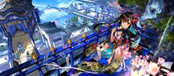 Rule 34 | 2boys, 2girls, animal, black hair, blue nails, blue sky, breasts, bridge, candle, cart, chinese clothes, chinese text, cleavage, cloud, dock, fantasy, floral print, flower, food, fuzichoco, hair ornament, hat, highres, long hair, looking at viewer, multiple boys, multiple girls, nail polish, original, people, ponytail, purple eyes, sash, sitting, sky, smile, solo focus, statue, talisman, thighhighs, twintails, water, white legwear