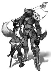 1boy 1girl 2n5 axe bigger_male black_hair bulge furry furry_female furry_male furry_with_furry greyscale highres monochrome shirts size sword weapon