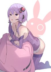 Rule 34 | 1girl, absurdres, ass, bare shoulders, blush, bottomless, breasts, cleavage, commentary request, detached sleeves, dress, emushake, hair ornament, highres, kneeling, looking at viewer, low twintails, no shoes, open mouth, purple dress, purple eyes, purple hair, purple thighhighs, short hair with long locks, sidelocks, solo, strapless, strapless dress, striped clothes, striped thighhighs, thighhighs, tube dress, twintails, vocaloid, voiceroid, yuzuki yukari