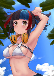 1girl absurdres armpits arms_up bikini breasts dated fate/grand_order fate_(series) genjou92 headphones headphones_around_neck highres medium_breasts multicolored_hair navel sei_shounagon_(fate) sei_shounagon_(swimsuit_berserker)_(fate) signature stretching swimsuit twintails yellow_eyes