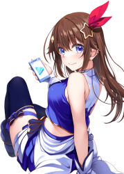 Rule 34 | 1girl, blue thighhighs, blue vest, cellphone, cropped vest, dodome-iro mayonnaise, hair ornament, hololive, leg ribbon, looking at viewer, phone, ribbon, shirt, sleeveless, sleeveless shirt, solo, star (symbol), star hair ornament, thigh ribbon, thighhighs, thighs, tokino sora, tokino sora (1st costume), vest, virtual youtuber
