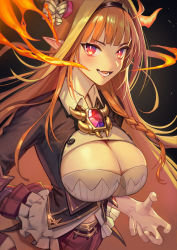 Rule 34 | 1girl, bow, breasts, cleavage, commentary request, diagonal-striped bow, fire, headband, highres, hololive, horns, jewelry, kiryu coco, kiryu coco (1st costume), large breasts, looking at viewer, open mouth, orange hair, pointy ears, red eyes, ribbon, solo, tf18080512, virtual youtuber