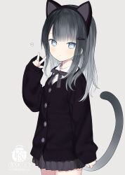 Rule 34 | 1girl, animal ears, artist name, black hair, black hairband, black jacket, blue eyes, capriccio, cat ears, cat tail, closed mouth, collared shirt, commentary request, dress shirt, fake animal ears, grey background, grey hair, grey skirt, hair ornament, hairband, hairclip, hand up, jacket, long hair, long sleeves, ochi ripca, original, pleated skirt, puffy long sleeves, puffy sleeves, shirt, simple background, skirt, sleeves past wrists, solo, tail, translation request, white shirt