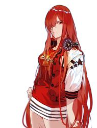 Rule 34 | 1girl, alternate costume, buster shirt, closed mouth, csyday, fate/grand order, fate (series), hair over one eye, hand on own hip, headphones, headphones around neck, highres, jacket, long hair, looking at viewer, oda nobunaga (fate), oda nobunaga (koha-ace), oda nobunaga (maou avenger) (fate), oda nobunaga (swimsuit berserker) (first ascension) (fate), open clothes, open jacket, red eyes, red hair, red shirt, shirt, simple background, solo, very long hair, white background