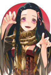Rule 34 | 1girl, absurdres, animal print, black hair, brown hair, check commentary, chuuni227, claw pose, clothing request, commentary request, fingernails, forehead, gradient background, gradient hair, green hair, hair ribbon, hands up, highres, kamado nezuko, kimetsu no yaiba, long hair, long sleeves, looking at viewer, multicolored hair, open mouth, pink eyes, pink ribbon, print scarf, red background, ribbon, scarf, sharp fingernails, smile, solo, teeth, tiger print, upper body, white background, wide sleeves