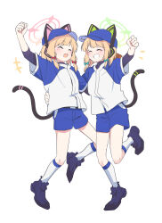 Rule 34 | 2girls, ^ ^, absurdres, animal ear headphones, animal ears, baseball cap, baseball glove, black footwear, blonde hair, blue archive, blue headwear, blue shorts, blush, clenched hand, closed eyes, commentary, fake animal ears, fang, full body, grin, halo, hat, headphones, highres, midori (blue archive), momoi (blue archive), multiple girls, official alternate costume, open mouth, seal 007, shirt, short hair, shorts, siblings, simple background, sisters, smile, socks, sportswear, symbol-only commentary, tail, twins, white background