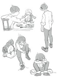 Rule 34 | 1boy, 1girl, aged down, arm pillow, backpack, bag, boots, braid, bread, bread slice, chair, chilchuck tims, child, collared shirt, cutting board, dressing, dungeon meshi, facing away, father and daughter, fatherly, food, food on face, freckles, greyscale, h sinva, halfling, handkerchief, head rest, highres, holding, holding handkerchief, knee up, looking to the side, mayjack (dungeon meshi), monochrome, multiple views, outstretched arm, pants, plate, profile, putting on boots, sad, scar, shirt, short hair, simple background, sitting, sketch, table, twin braids, twintails, tying, unworn bag, wiping mouth