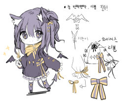 Rule 34 | + +, 1girl, animal ear fluff, animal ears, bad id, bad pixiv id, black footwear, black jacket, blush, bow, chibi, closed mouth, cottontailtokki, demon tail, hair between eyes, hair ornament, holding, holding wand, jacket, korean text, long hair, long sleeves, looking at viewer, original, pleated skirt, puffy long sleeves, puffy sleeves, purple eyes, purple hair, purple thighhighs, shoes, skirt, sleeves past fingers, sleeves past wrists, smile, solo, standing, striped, striped bow, tail, thighhighs, translation request, wand, white background, white bow, white skirt, yellow bow