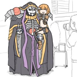 Rule 34 | 1girl, ainz ooal gown, armor, blonde hair, camera, carrying, clementine (overlord), cosplay, garter belt, gloves, highres, jewelry, knife in head, minpou (nhk), multiple boys, navel, object through head, overlord (maruyama), ring, short hair, skeleton, smile, suitcase, thighhighs, v