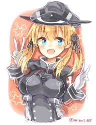 Rule 34 | 10s, :d, anchor symbol, bad id, bad pixiv id, blonde hair, blush, double v, gloves, hat, kantai collection, looking at viewer, low twintails, midori miyako, military, military uniform, open mouth, peaked cap, prinz eugen (kancolle), smile, solo, twintails, twitter username, uniform, upper body, v, white gloves