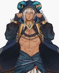 Rule 34 | 1boy, abs, bara, closed mouth, commentary, highres, jouvru, long hair, long sleeves, looking at viewer, male focus, mature male, muscular, muscular male, navel, original, pectoral cleavage, pectorals, smile, solo, white hair