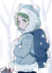 Rule 34 | 1girl, :o, animal ears, animal hood, axe, backpack, bag, bare tree, bear ears, bear hood, blurry, blurry background, blush, braid, braided bangs, commentary request, depth of field, fake animal ears, fur-trimmed hood, fur-trimmed jacket, fur trim, green eyes, green hair, grey jacket, hand up, holding, holding axe, hood, hood up, hooded jacket, jacket, long sleeves, looking away, looking to the side, meito (maze), morinaka kazaki, nijisanji, parted bangs, parted lips, snowing, solo, tree, upper body, virtual youtuber