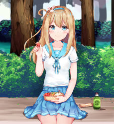 Rule 34 | 1girl, blue eyes, blue skirt, blush, breasts, brown hair, chu (huaha1320), closed mouth, collarbone, day, food, girls&#039; frontline, hairband, holding, holding food, long hair, looking at viewer, medium breasts, outdoors, short sleeves, sitting, skirt, smile, solo, suomi (girls&#039; frontline)