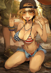 Rule 34 | 1girl, 2boys, absurdres, american flag bikini, bikini, black headwear, blonde hair, blue eyes, breasts, bulge, commentary, double m/, english commentary, erection, erection under clothes, flag print, grand theft auto, grand theft auto vi, hat, highres, jewelry, large breasts, looking at viewer, m/, multiple boys, navel, navel piercing, necklace, piercing, pollenoxide, redneck girl (gta vi), short hair, sitting, striped bikini, striped clothes, sunglasses, swimsuit, teeth, tongue, tongue out, twitter username, upper teeth only, wariza