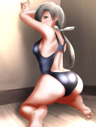 Rule 34 | 1girl, alternate costume, ass, blush, breasts, brown eyes, chitose (kancolle), competition swimsuit, grey hair, highres, kantai collection, long hair, looking at viewer, medium breasts, one-piece swimsuit, ponytail, ribbon, sitting, solo, swimsuit, tama (tamago), white ribbon