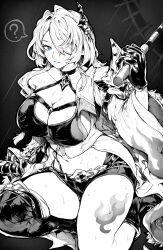 Rule 34 | 1girl, ?, absurdres, acheron (honkai: star rail), black background, blue eyes, breasts, cleavage, closed mouth, gloves, greyscale, hair over one eye, highres, holding, honkai: star rail, honkai (series), large breasts, leg tattoo, long hair, looking at viewer, monochrome, navel, short shorts, shorts, solo, spoken question mark, sweat, tattoo, thighs, yotsumi shiro