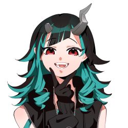 Rule 34 | 1girl, nanashi inc., black gloves, black hair, black jacket, blue hair, clothing cutout, commentary request, demon girl, demon horns, fang, flat chest, gloves, highres, horns, jacket, long hair, long sleeves, looking at viewer, makura (am 1192 ), multicolored hair, open clothes, open jacket, open mouth, pointy ears, red eyes, shishio chris, shoulder cutout, simple background, smile, solo, sugar lyric, two-tone hair, upper body, virtual youtuber, white background, zipper
