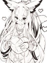Rule 34 | 1girl, animal ears, closed mouth, collarbone, commentary request, fox ears, fox girl, fox tail, greyscale, hair between eyes, hair intakes, heart, highres, holding, long hair, long sleeves, looking at viewer, monochrome, original, pleated skirt, ponytail, simple background, skirt, sleeves past wrists, smile, solo, sweater, tail, tail raised, very long hair, white background, yuuji (yukimimi)