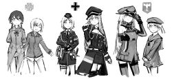 Rule 34 | 6+girls, aiguillette, armband, balkenkreuz, bismarck (kancolle), coat, country connection, cowboy shot, cropped legs, cross, erica hartmann, garrison cap, gertrud barkhorn, girls&#039; frontline, greyscale, hand on headwear, hat, highres, iron cross, jacket, kantai collection, long hair, long sleeves, military, military uniform, monochrome, mp40 (girls&#039; frontline), multiple girls, no pants, peaked cap, rampart1028, short hair, simple background, stg44 (girls&#039; frontline), strike witches, thighhighs, twintails, uniform, white background, world witches series, z1 leberecht maass (kancolle)