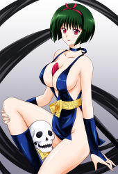 Rule 34 | 1girl, bare legs, bare shoulders, black hair, bob cut, breasts, choker, cleavage, comb, curvy, dress, eyeshadow, gradient background, green hair, hairband, inuyasha, katana, large breasts, lips, lipstick, looking at viewer, looking to the side, makeup, mitora5, no bra, no panties, open mouth, red eyes, revealing clothes, sakasagami no yura, shiny clothes, shiny skin, short dress, short hair, simple background, solo, sword, toeless legwear, weapon, wide hips