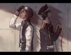 Rule 34 | 2boys, absurdres, aviator cap, black gloves, black hair, black headwear, blue eyes, brown hair, datsugoku (vocaloid), gloves, goggles, goggles on head, highres, letterboxed, long sleeves, looking up, male focus, military, military uniform, multiple boys, oga sleep, orange eyes, profile, standing, uniform, vocaloid, white gloves