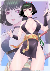 Rule 34 | 1girl, artist request, ass, bare legs, bare shoulders, black hair, bob cut, breasts, breasts apart, cleavage, close-up, curvy, dress, hairband, inuyasha, katana, large breasts, lips, lipstick, looking at viewer, makeup, no bra, no panties, red eyes, revealing clothes, sakasagami no yura, shiny clothes, shiny skin, short dress, simple background, sky, solo, sword, weapon, wide hips, zoom layer