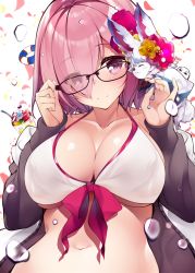 Rule 34 | 1girl, adjusting eyewear, bare shoulders, bikini, blush, breasts, cleavage, closed mouth, collarbone, cup, drinking straw, fate/grand order, fate (series), food, fou (fate), glasses, grey jacket, hair over one eye, ice cream, jacket, large breasts, light purple hair, looking at viewer, mash kyrielight, mash kyrielight (swimsuit of perpetual summer), medjed (fate), navel, netarou, official alternate costume, open clothes, open jacket, petals, purple eyes, short hair, simple background, solo, swimsuit, water drop, white background, white bikini